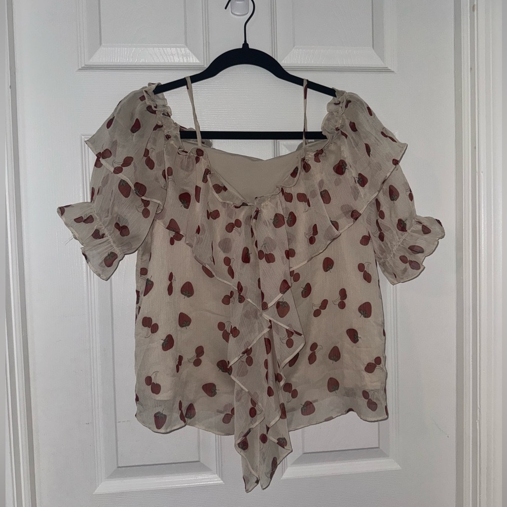 Cherryboom Satin White Flowy shirt printed with cherries and strawberries